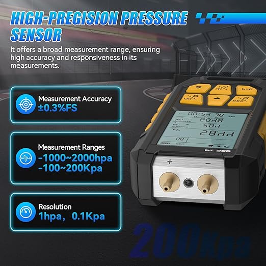 Manometer, Dual-Port HVAC Manometer with 7 Adapters, 10 Units Switch, Data Locking & Storage, Backlit Display Screen Gas Pressure Tester, -100 to 200Kpa, PT520