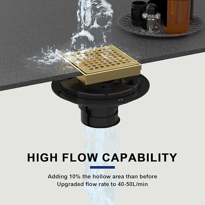 4 Inch Square Shower Drain | Brushed Gold Shower Drain with Flange, Hair Strainer & Removable Grid Cover, AISI 304 Stainless Steel Shower Floor Drain, in Bathroom, Kitchen, Balcony etc