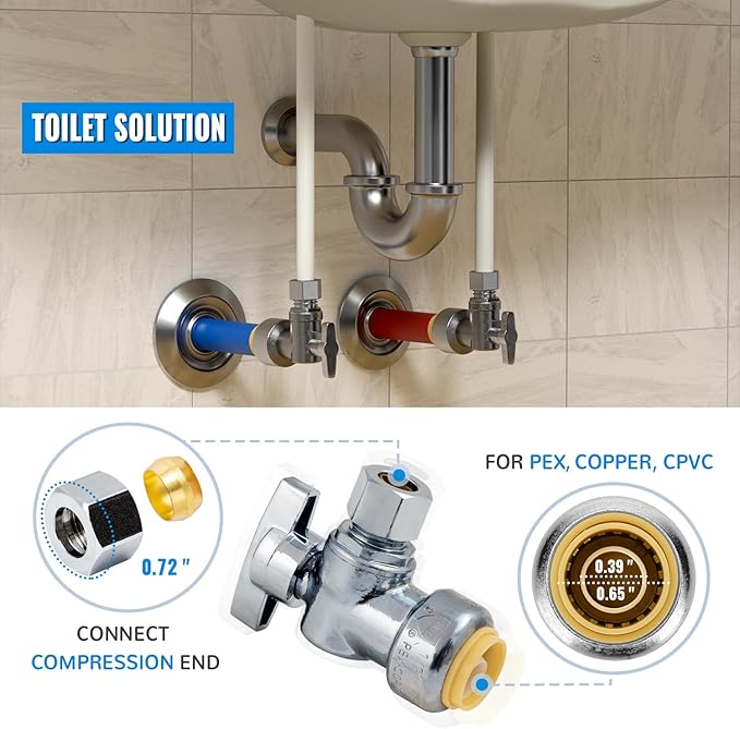 SUNGATOR 25-Pack Angle Stop Valve, Angle Water Shut Off Valve 1/2 x 3/8 Inch Compression, Toilet Water Shutoff, 1/4 Turn, No Lead Brass Push-to-Connect Plumbing Fittings for PEX Pipe, Copper, CPVC