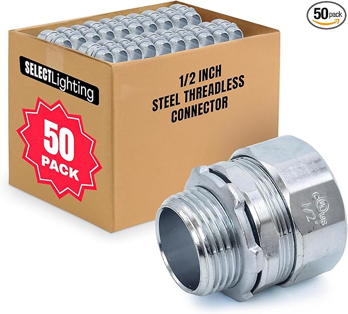 SELECT 50 Pack Lighting Threadless Connector, 1/2 Inch Zinc Plated Steel Compression Connector, Electrical Conduit Fittings for Indoor and Outdoor Use