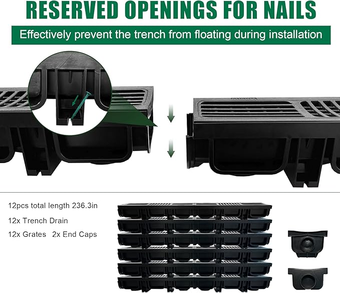 B Class Driveway Channel Drain with HDPE Grate-19.7Lx5.5Wx3.9H in. Shallow Profile Trench Drain System,12 Pack Total Length 236.22in,Heavy Duty Trench Drain for Garage,Parking Lot,Concrete