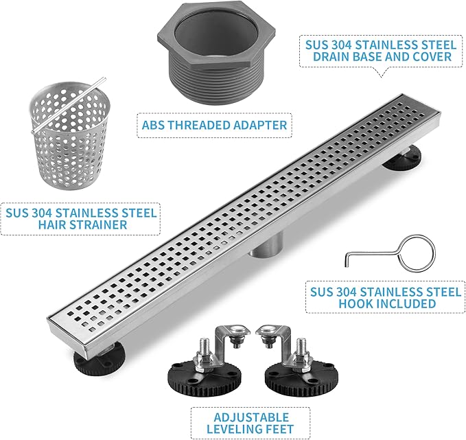 Linear Shower Drain 28 Inch Rectangular, Brushed Nickel SUS-304 Stainless Steel Shower Drain, 51L/Min Fast Drainage Floor Linear Drain, US Standard CUPC Certified, Brushed Silver, SD-112-28S