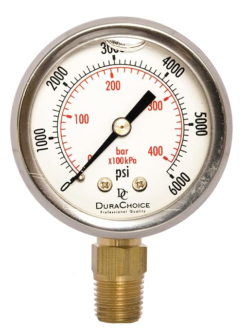 2" Oil Filled Pressure Gauge - Stainless Steel Case, Brass, 1/4" NPT, Lower Mount Connection, 0-6,000PSI