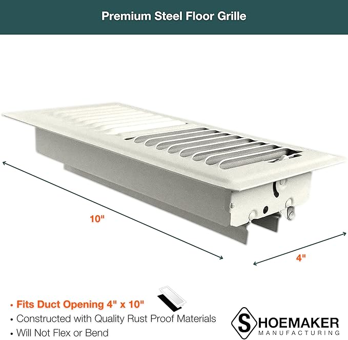 Shoemaker 4x10 Floor Register – Warm White Heavy Duty Metal Floor Vent Cover for Home Floors - Premium Forced Air Vent Covers