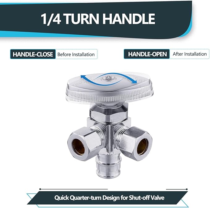 (Pack of 30) Seelink Multi-Turn Dual Outlet Angle Stop Valve, 1/2" Pex-a Expansion F1960 Pipe Inlet x (3/8 inch x 3/8 inch) Compression Outlets, Chrome Plated Brass