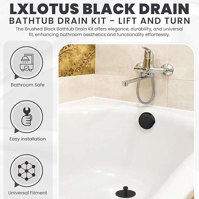 Matte Black Bathtub Drain Kit - Lift and Turn - Black Tub Drain and Overflow Cover. Universal Fit 1-3/8" and 1-1/2"