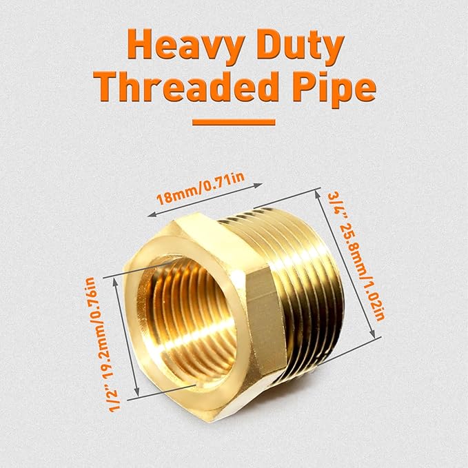 (Pack of 4) Brass Solid Reducer Hex Bushing, Heavy Duty 3/4" NPT Male to 1/2" NPT Female Threaded Pipe Air Hose Fitting Reducer Adapter for Plumbing & Hydraulics Gas Systems