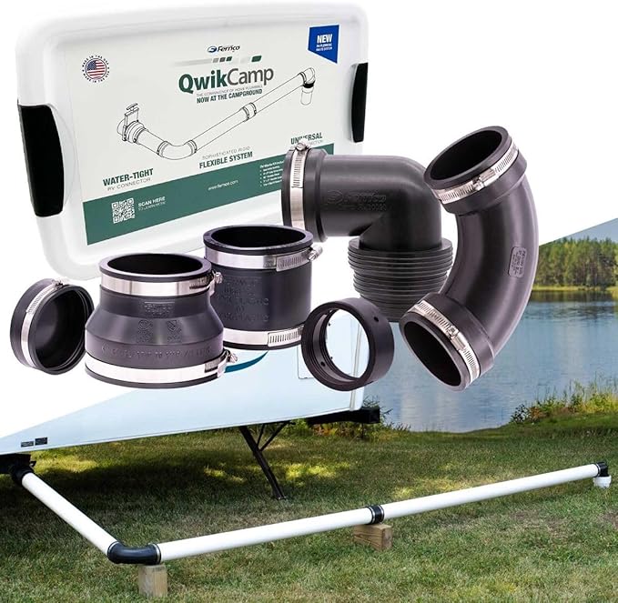 Fernco QwikCamp RV and Camper Sewer Waste Plumbing Connection System Kit with Slip Fit Coupling Adapter in Black