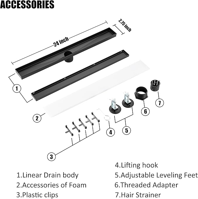 32 inch Linear Shower Drain with Removable Square Hole Panel by Using 304 Stainless Steel Process, Linear Drain Equipped with Adjustable Feet and Hair Strainer（Matte Black Color）