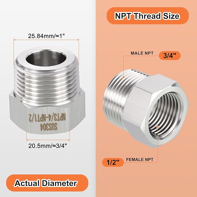 3 Pack 304 Stainless Steel Male to FeMale Adapter, 3/4" Male NPT x 1/2" FeMale NPT Hex Bushing Reducer for Industrial, Fluid, Home Gardening, Water Treatment