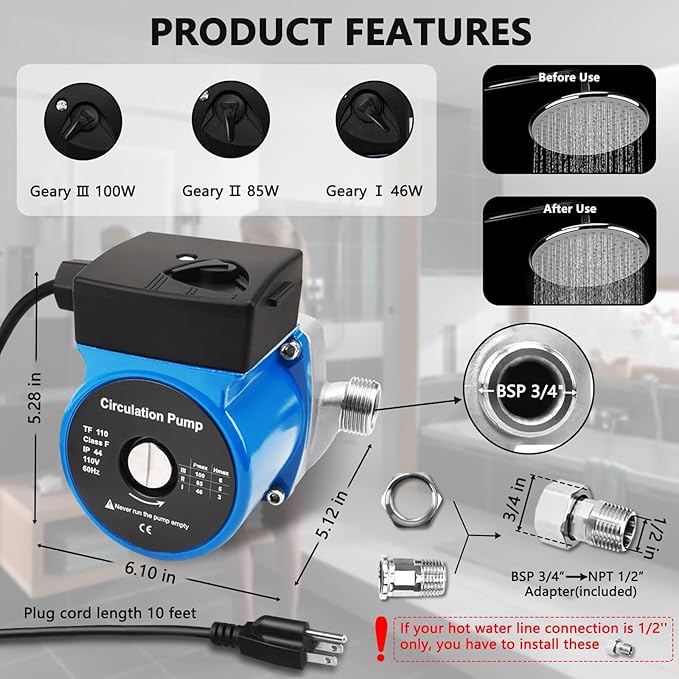 Hot Water Recirculating Pump Recirculation System & BSP 3/4" w/NPT 1/2" Adapter, Sensor Valve 304 Stainless Steel Bybass Valve Kit for Instant Hot Tank Water Heaters # 595916 095580