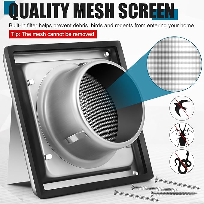 Gisafai 4" Dryer Vent Cover Outside with Stainless Steel Guard Wall Dryer Exhaust Cap and Removable Extended Pipe Vent Shroud Hood Cushioned Non Return Flap with Sealing Gasket Grille(Silver)