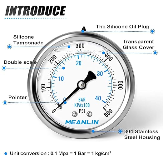 MEANLIN MEASURE 0~600Psi Stainless Steel 1/4" NPT 2.5" FACE DIAL Liquid Filled Pressure Gauge WOG Water Oil Air Center Back Mount, with 1/2" NPT and 3/8" NPT Hex Bushing