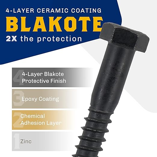 1/2" x 8”, 12-Piece Black Lag Bolt, Rustproof 4-Layer Ceramic BLAKOTE, 2X Protection of Galvanized Lag Screws, for Decks Pergolas by Makers Bolt