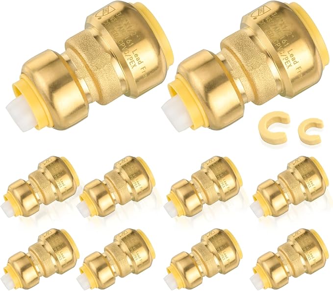 10-Pack HeSun Pushfit Coupling, 3/4"x1/2" Push to Connect Plumbing Fittings with Disconnect Clip, Brass Push-fit Fittings for PEX, Copper, CPVC, PE-RT Pipes(PF017)