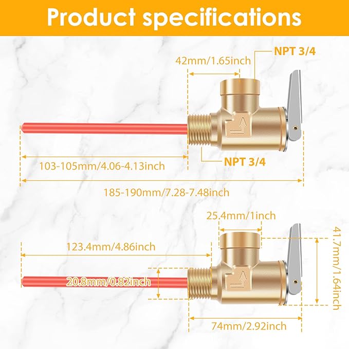 2Pcs 3/4" NPT RV 1MPa（145psi） Temperature and Pressure Relief Valve Brass RV Water Heater Temperature and Pressure Relief Valve for Hot Water Heater Tanks (DN20-2pc)