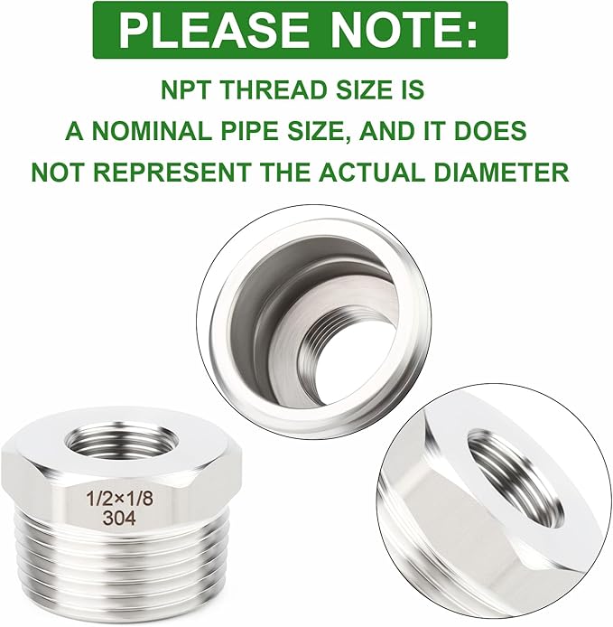 TAISHER 10PCS 304 Stainless Steel New Reducer Hex Bushing, 1/2" NPT Male x 1/8" NPT Female, Reducing Pipe Adapter Fitting