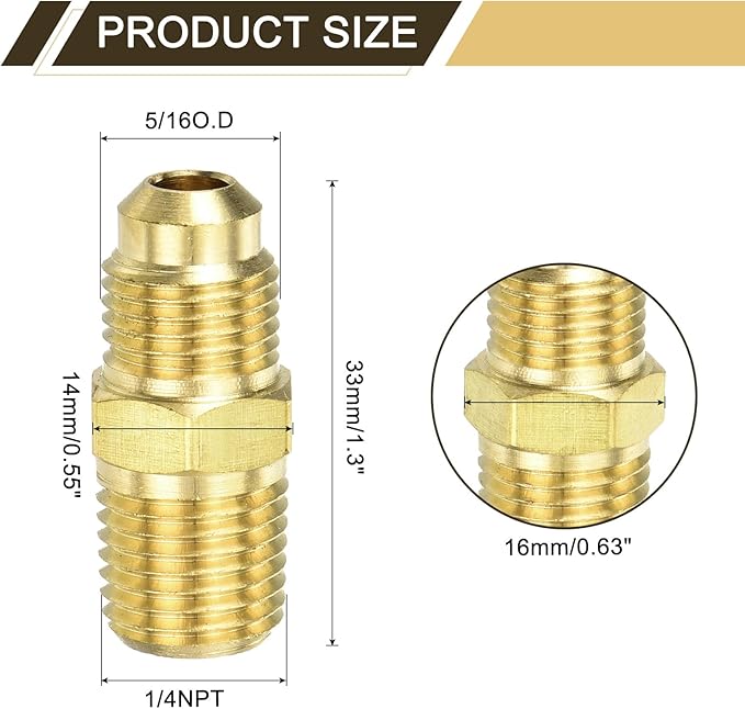 uxcell 2Pcs Brass Tube Fitting, 5/16O.D x 1/4NPT Brass Flared Pipe Adapter Fittings Reducing Nipples Connector, Half Union Gas Adapter for Pipe Connections, Hydraulics, Refrigeration
