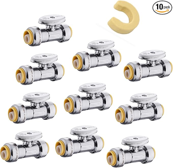 (Pack of 10) EFIELD Push Fit 1/4 Turn Straight Stop Valve Water Shut Off 1/2 Inch Push x 1/2 Inch Push, Chrome with a Disconnect Clip,(PF-VALVE035-10PCS)