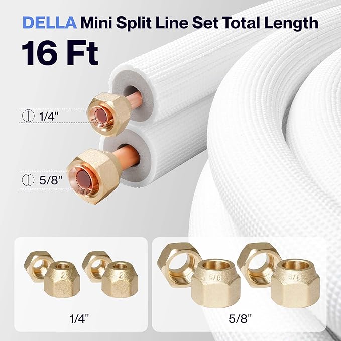 DELLA 16 Ft Mini Split Line Set, Includes 1/4" & 5/8" O.D. Copper Pipes with Flared Nuts and a 3/8" Thick White PE Insulated Coil, Perfect for Mini Split AC and Other HVAC Systems