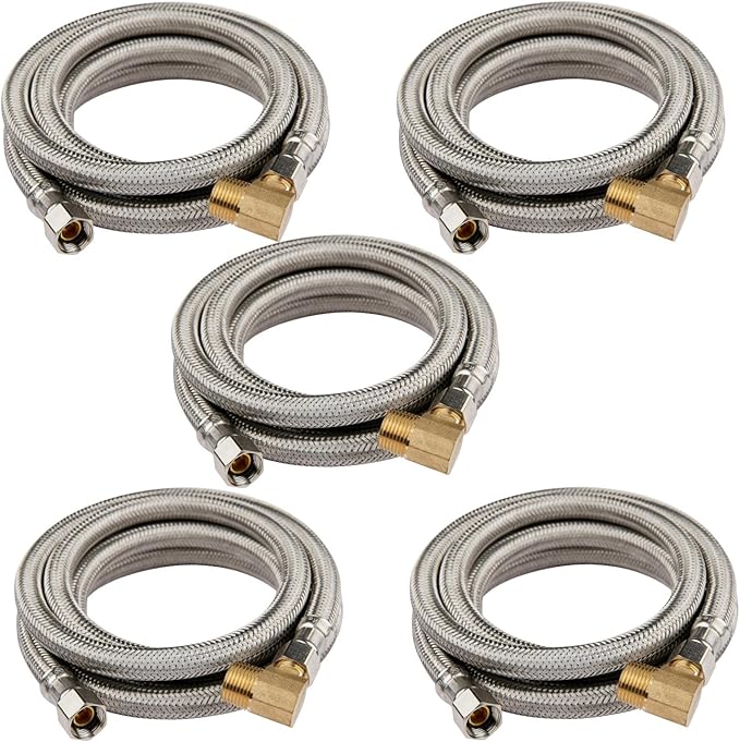 (5 Pack) Seelink 10FT Stainless Steel Dishwasher Hose, 3/8" COMP x 3/8" MIP 90 Degree Elbow, Brust Proof Water Supply Line