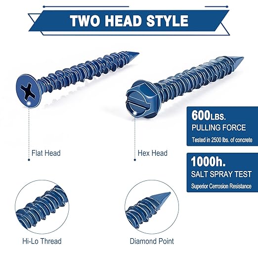 Concrete Screws Assortment Kit with Drill Bit, 216Pcs Concrete Screws 1/4”and3/16 Flat&Hex Head Masonry Block Brick Cement Screws and Anchors.Concrete Screws No Pre Drilling,Diamond Point,Blue Coated