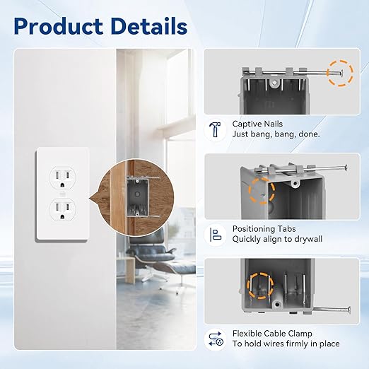1-Gang New Work Outlet Box, PVC Electrical Box for Switch,GFCI,Dimmer, 22 Cubic Inch, UL Listed, 24 Pack