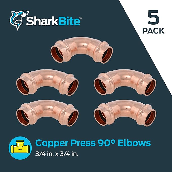 SharkBite 3/4 x 3/4 Inch 90 Degree Elbow, Copper Press Plumbing Fitting, Pack of 5, UPR256X5