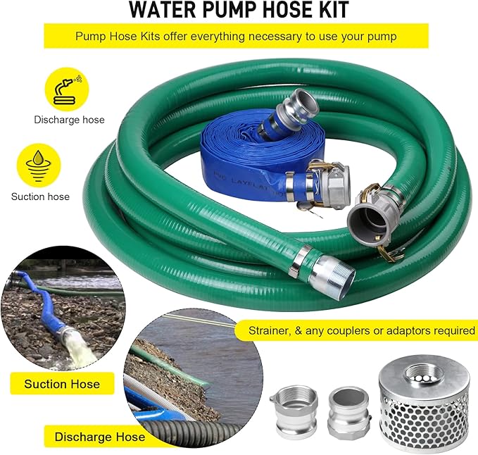 Discharge Hose Pump Kit Includes 2" x 50' Blue PVCBackwash Hose & 2"×20' Green PVC Suction Hose,With aluminum cam lock fitting, round hole suction cup filter and groove adapter