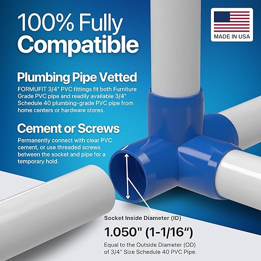 FORMUFIT 3/4” 4-Way Tee Furniture Grade PVC Fitting in Blue, Made in USA, UV-Resistant, Impact-Proof, 1.050” Actual Socket Diameter (Pack of 8) - F0344WT-BL-8