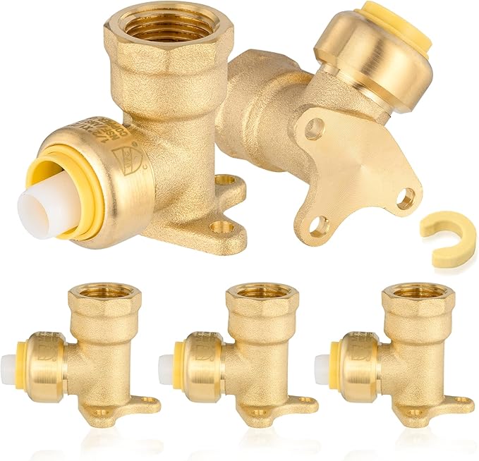 5-Pack HeSun Pushfit Drop-ear Elbow, 1/2" Female NPT x 3/4" Push to Connect Plumbing Fittings with Disconnect Clip, Brass Push-fit Fittings for PEX, Copper, CPVC, PE-RT Pipes(PF074-5)