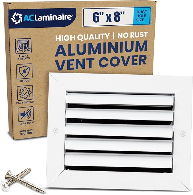 6x8 Inch (Duct Opening) Aluminum 1-Way Air Flow Vent – HVAC Vent Cover for Wall or Ceiling – Quiet HVAC Wall Register with Multi-Shutter Damper – Adjustable Curved Blade - Plastic Seal for Tight Fit