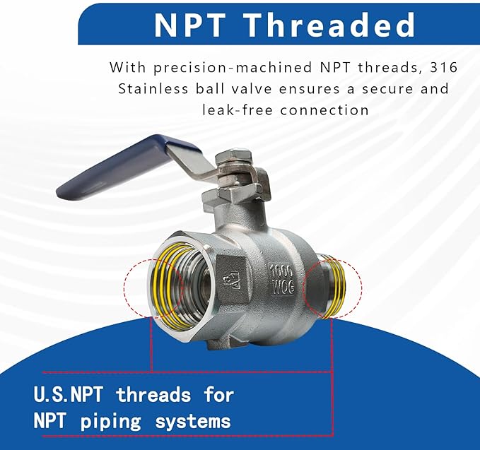 3/4" 316 Stainless Steel Ball Valve Female to Male, 2-Piece Full Port NPT Threaded, 1000 WOG, High Pressure Corrosion Resistant Shut Off Valve for Water/Oil/Gas, Industrial Plumbing Valve (2-Pack)
