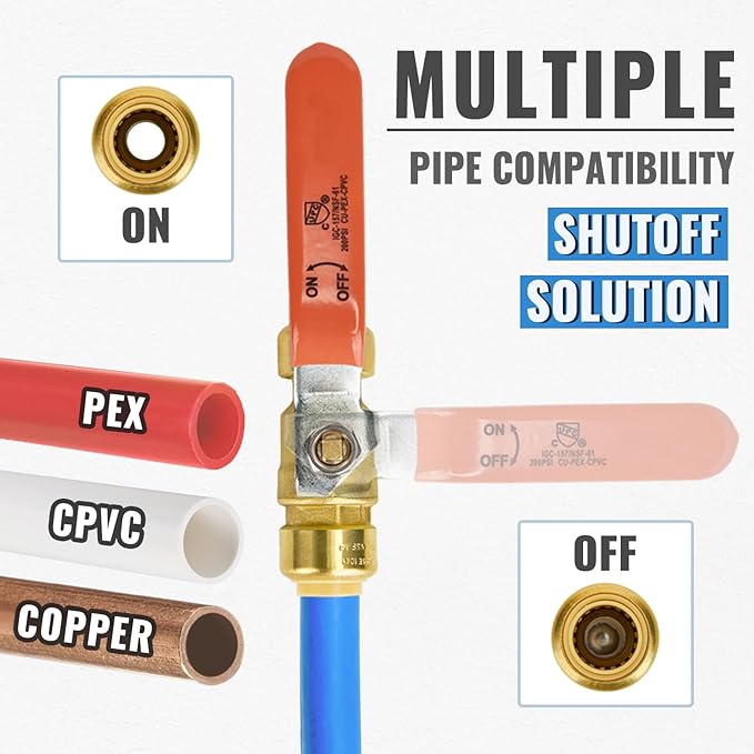 Shut Off Ball Valve 1/2 Inch, SUNGATOR 1/2 Inch Ball Valve, Push-to-Connect Water Shutoff, No Lead Brass Pushfit Plumbing Fittings for PEX Pipe, Copper, CPVC, Pack of 1