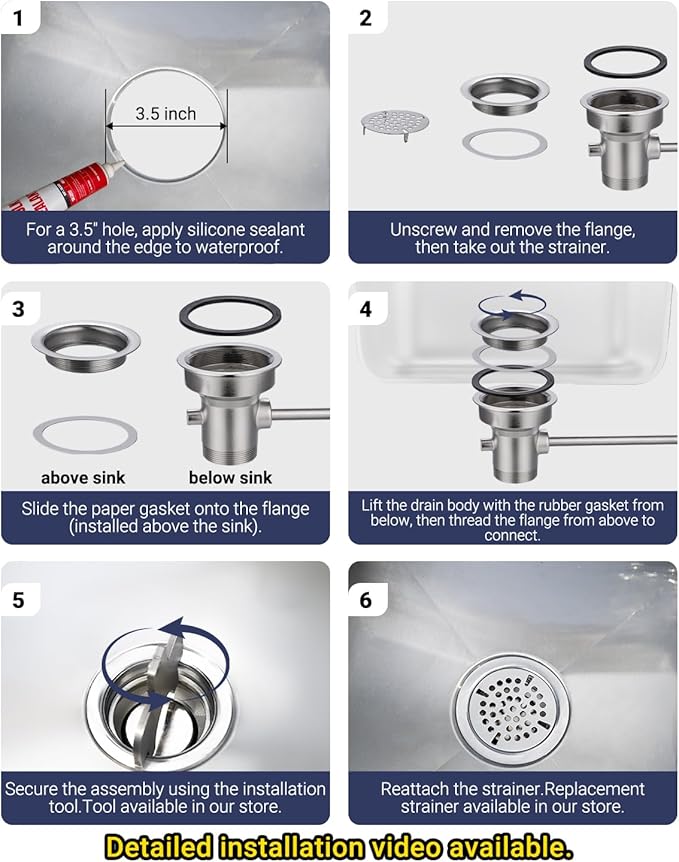 3-1/2" Commercial Sink Drain with Twist Lever Handle, Waste Drain Valve Without Overflow Inlet for Restaurant 2/3 Compartment Sink, Easy Controll, Block-Free and Leakproof