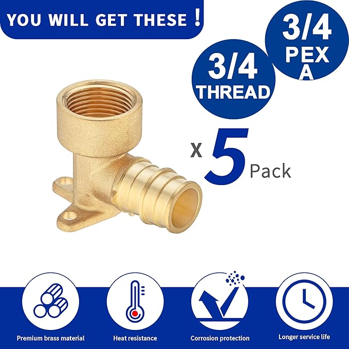 (5 Pack) Lidertik PEX-A Expansion Drop Eear Elbow to 3/4" NPT Female Threaded Adapter Brass plumbing connection, Only for PEX-A Tube Expansion Install LI-EPXDEE3434(5 Pieces)