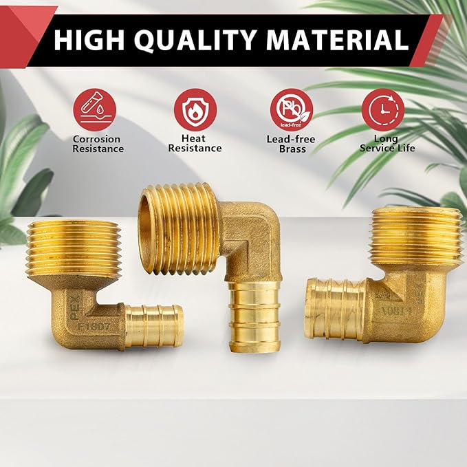 (Pack of 10) EFIELD Pex 1/2"x1/2" Male Threaded NPT Elbow Brass Crimp Fittings, ASTM F1807,(PEX1807096)