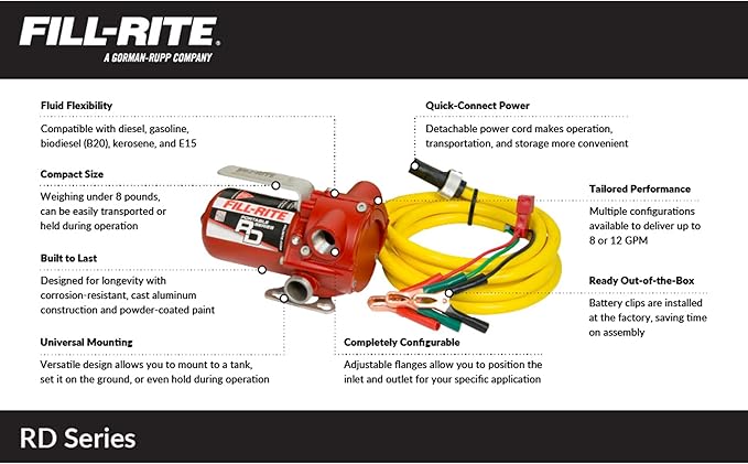 Fill-Rite RD812NP 12V 8 GPM Portable Fuel Transfer Pump w/Discharge Hose, Manual Nozzle, Power Cable/Clips, & Suction Pipe