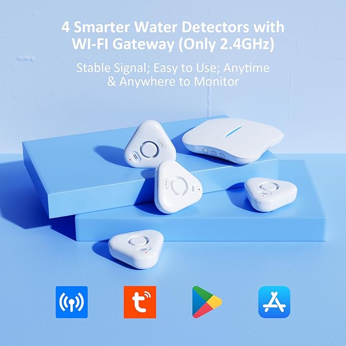 Smart Water Leak Detectors for Home WiFi with App Alerts, Stechro Ajustable 120dB Water Sensor Alarm Leak Detector for Basements Sink Kitchen Laundry, 4 Water Sensors & 1 Gateway