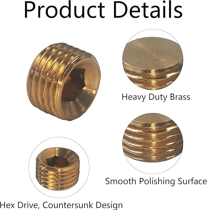 12PCS 1/4" NPT Male Plug Fitting Set, Brass Hex Counter Sunk Plugs, Internal Hex Socket Thread Pipe Plug for Closing the End of Pipe