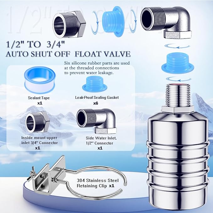 2PCS Float Valve,1/2" to 3/4'' water level control float valve, 304 Stainless Steel Fully Automatic water shut off valve, Automatic Water Level Controller for Water Tank, Pool, Livestock Troughs.