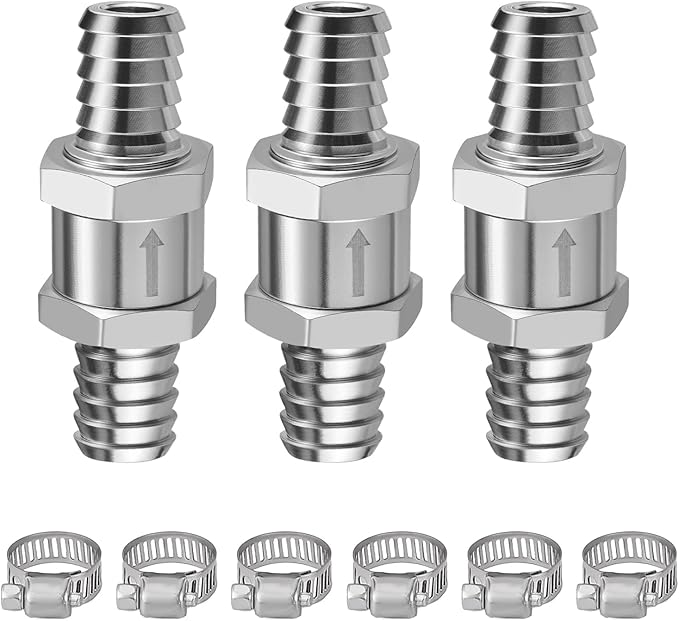EVIL ENERGY 1/2" (12mm) Check Valve, 3 Pcs Aluminum One Way Fuel Check Valve for Gasoline, Diesel & Coolant with Universal Hose Clamps, Silver