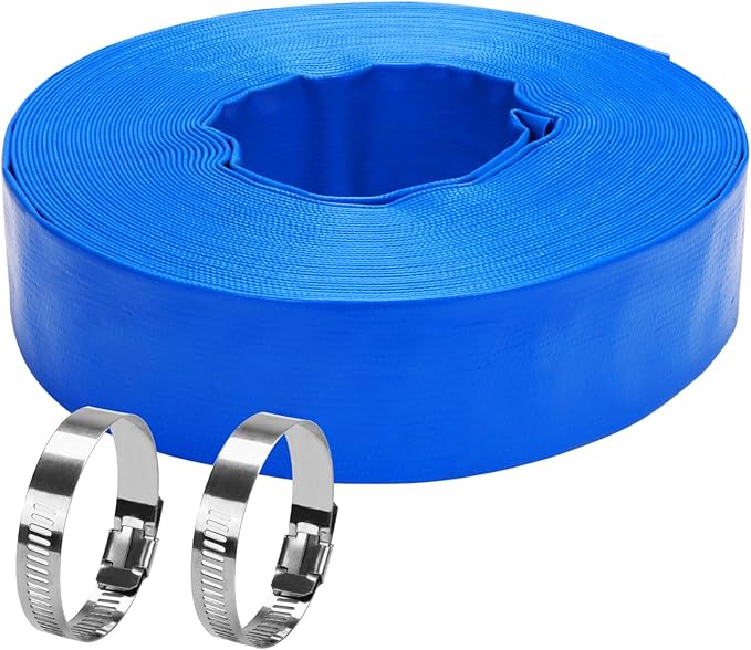 Lay-Flat Pool Backwash Hose - 2" x 100Ft Reinforced Heavy Duty PVC Discharge Hose Weather-Proof Vinyl Pool Drain Hose for Water Transfer with 2 clamps