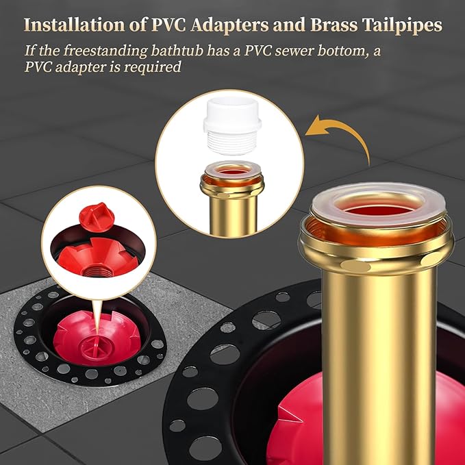 PVC Freestanding Tub Drain Rough-in Kit, Bathtub Drain Kit for Island Bathtubs, PVC Plastic Adapter and Brass Tail Pipes, Compatible with Free Standing Tub Drain, Floor Mounted Bathtubs