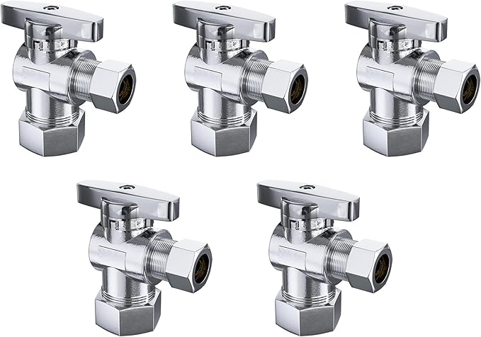 5 Pack Angle Stop Valve, 1/2 in. NOM Compression x 3/8 in. OD Compression Shut Off, 5/8" OD x 3/8" OD 1/4 Turn Faucet, Water Stop