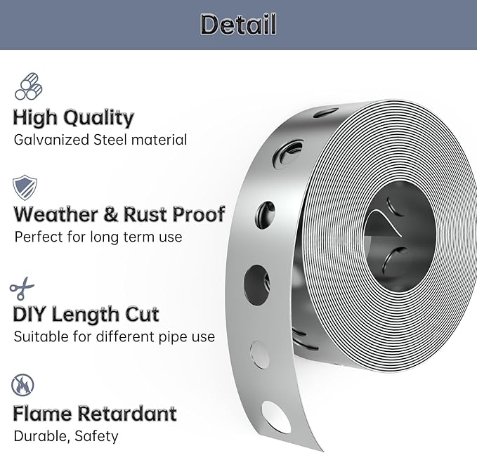 2 Pack Galvanized Metal Pipe Strap 3/4-Inch x 100-Feet 24-Gauge for Pipe Support Metal Strapping with Holes Metal Pipe Hanger Strap