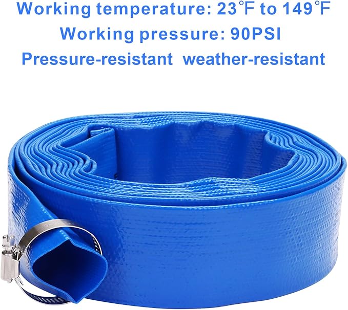 Lay-Flat Pool Backwash Hose - 1.5" x 25Ft Reinforced Heavy Duty PVC Discharge Hose Weather-Proof Vinyl Pool Drain Hose for Water Transfer with 2 clamps