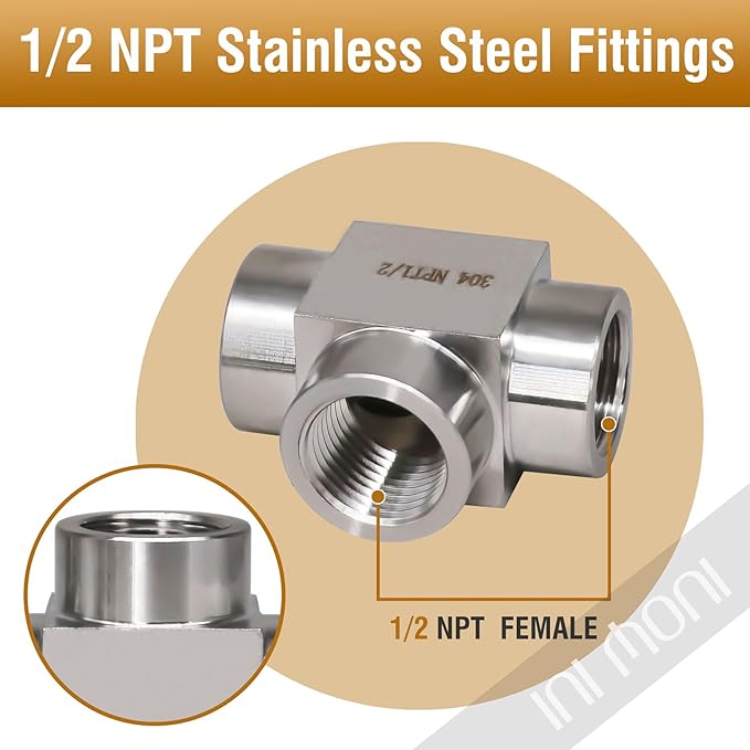 NPT 1/2 tee pipe fitting female thread 3 ways T adapter, stainless steel hose fitting tee t shape pipe connector for outdoor irrigation setup/pressure gauge, 4350 psi