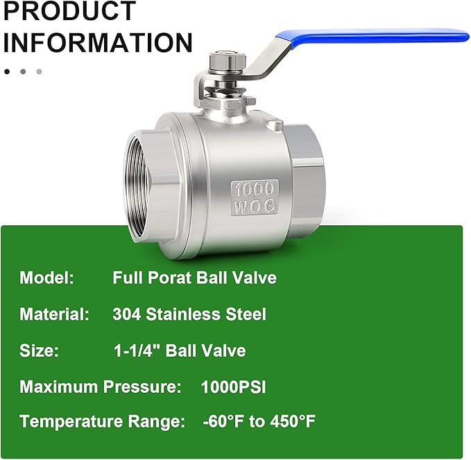 TAISHER 1 PCS 1-1/4 Inch FNPT Heavy Duty Full Porat Ball Valve 304 Stainless Steel with Blue Handles