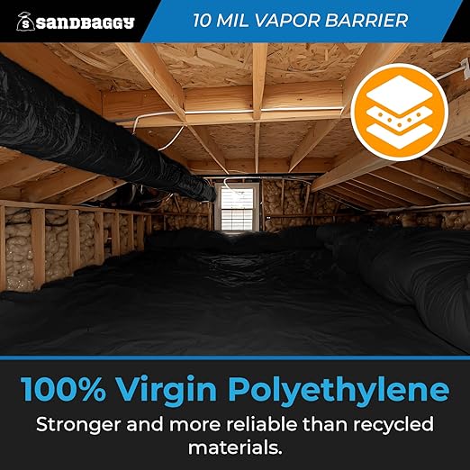 Sandbaggy 20 ft x 100 ft Vapor Barrier 10 Mil | Polyethylene | Black Plastic Sheeting Rolls | Moisture Barrier for Crawl Spaces, Concrete and Laminate Underlayment, Walls (100 Rolls)